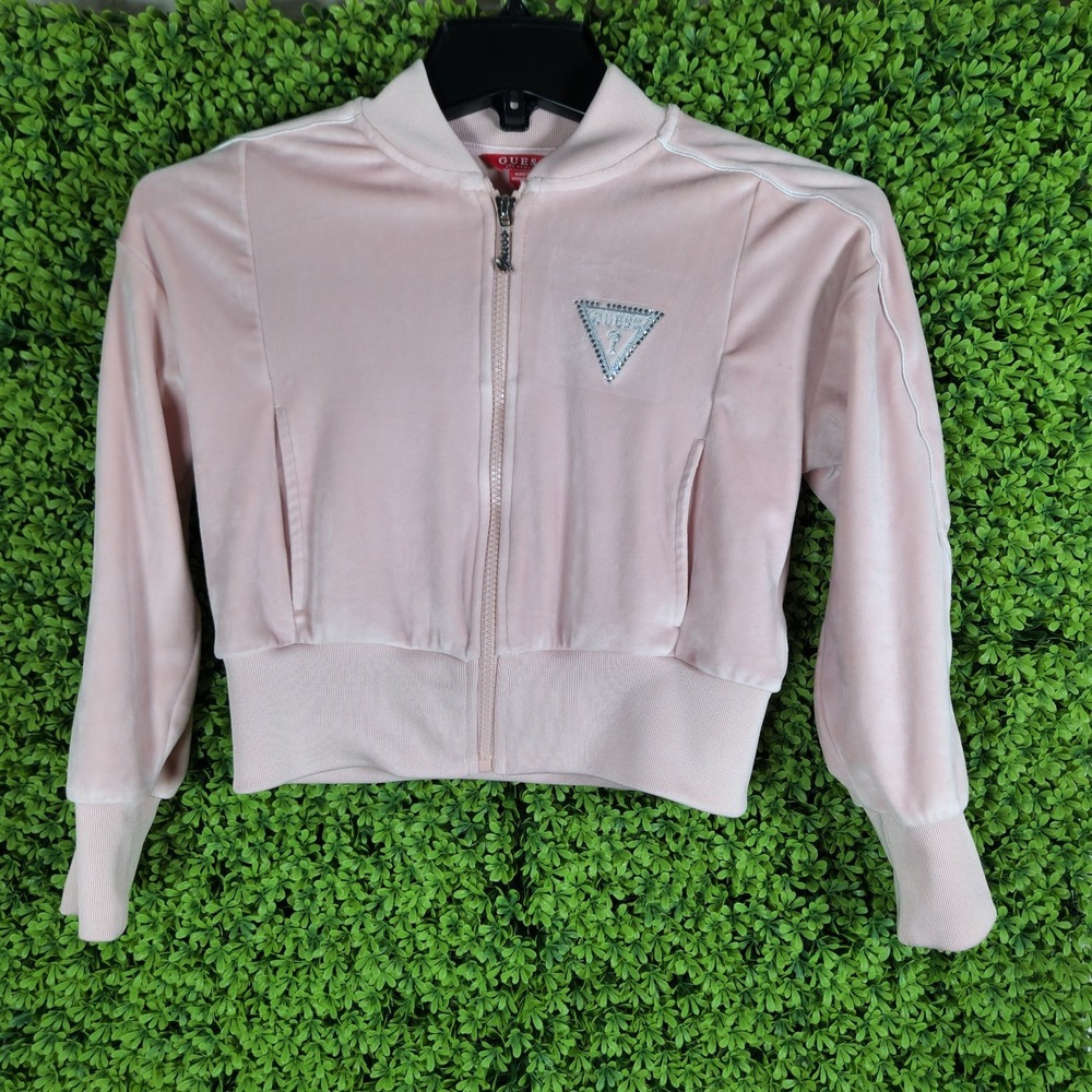 Guess Los Angeles Kids Velour Bomber Jacket Pink Rhinestone Size 8 J3RQA1KAHC2